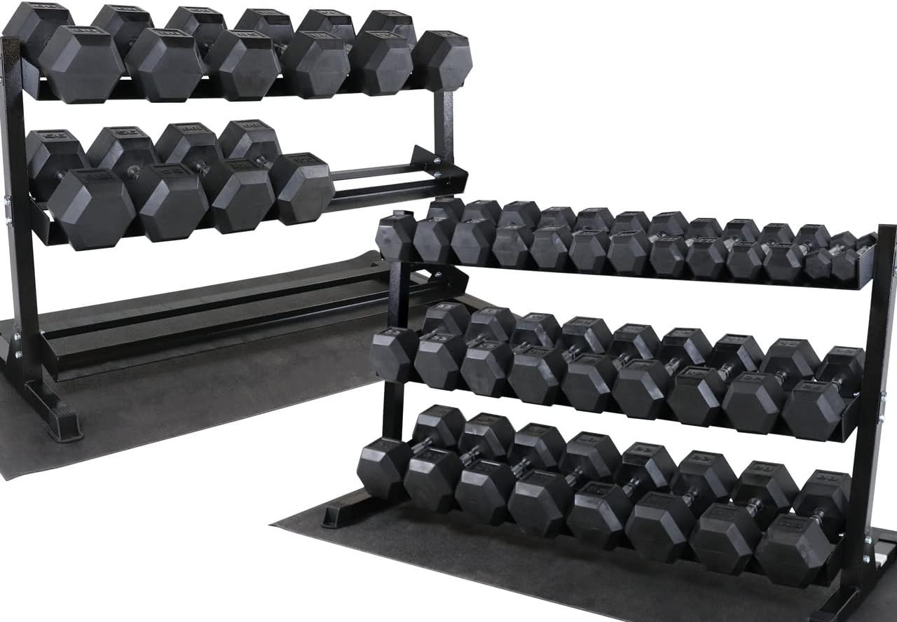 Rubber Coated Hex 100lb Dumbbell Set with Rack and Mat