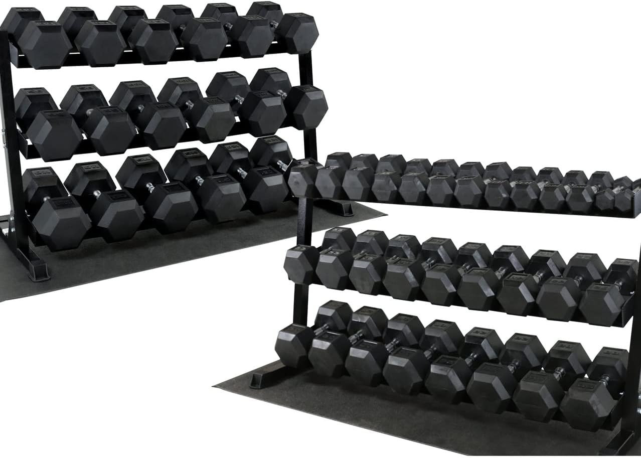 Rubber Coated Hex 120lb Dumbbell Set with Rack and Mat
