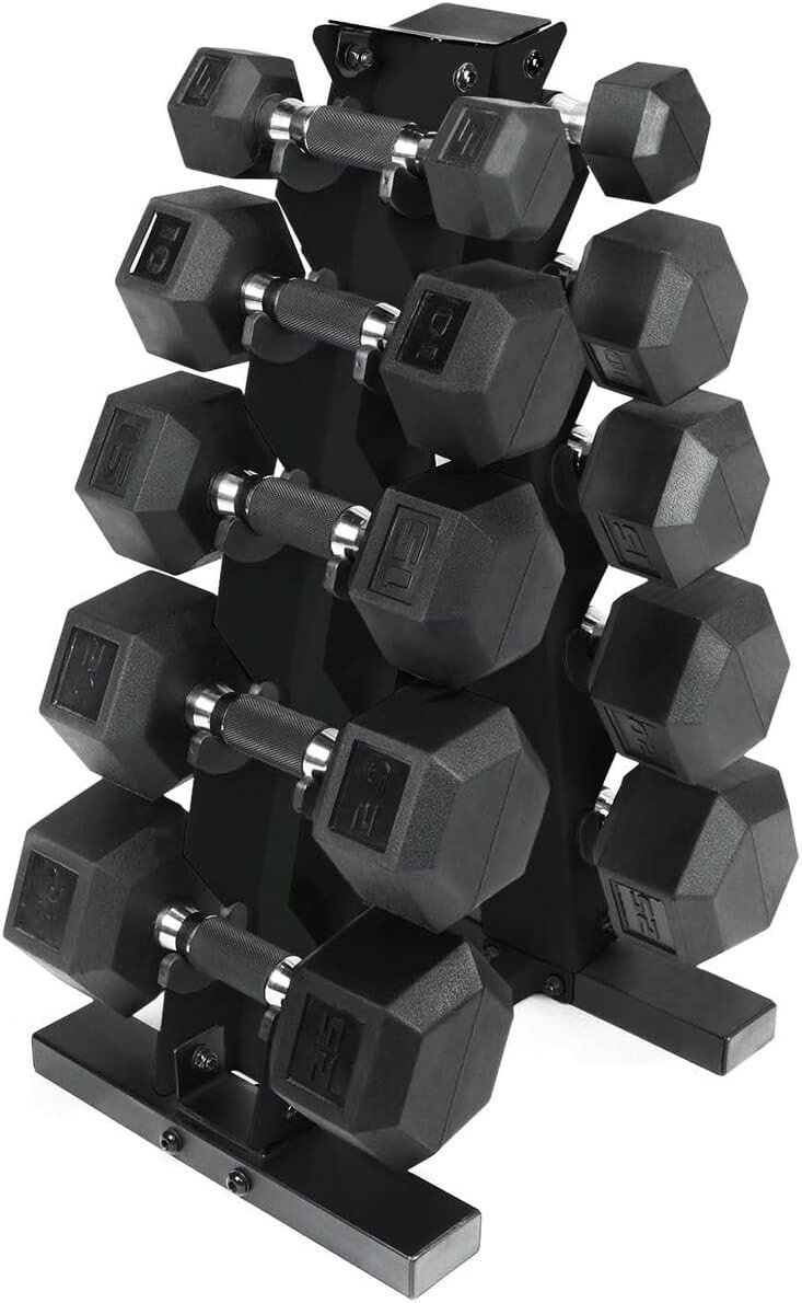5-25lb Rubber Coated Hex Dumbbell Set with Storage Rack, Multiple Color Options