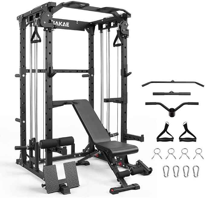 SAKAE Squat Rack with Cable Crossover System, Power Rack with LAT