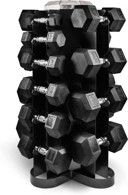 Rubber Coated Hex 5 - 50lb Dumbbell Set w/ 4-Sided Vertical Rack (No Mat) Rubber Coated Hex 5 - 50lb Dumbbell Set w/ 4-Sided Vertical Rack (No Mat)