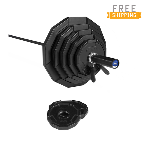 The Executive 12-Sided 300 LB Commercial Virgin Rubber Grip Weight Set with 1500 Lb Solid Black Power Bar The Executive 12-Sided 300 LB Commercial Virgin Rubber Grip Weight Set with 1500 Lb Solid Black Power Bar