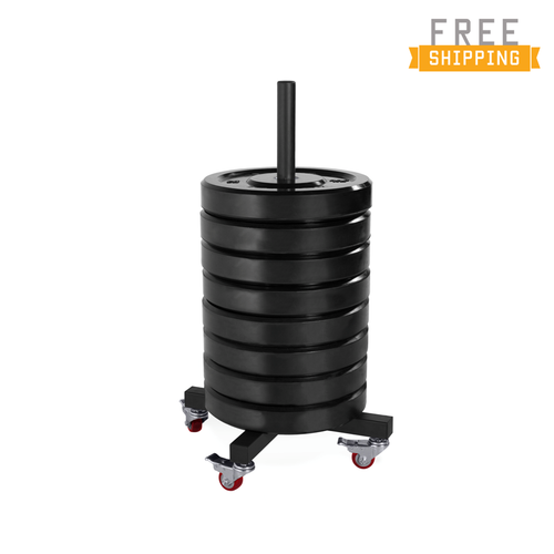 240 Lb Black Bumper Plate Set with Trolley Storage Rack (15 Lb Bumper Plate x 16)