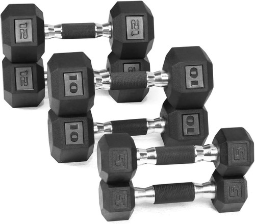 54LB (5, 10, 12LB Pair) Hex Dumbbell Set with Rubber Grip Handle, Dumbbells Only or W/ Rack 54LB (5, 10, 12LB Pair) Hex Dumbbell Set with Rubber Grip Handle, Dumbbells Only or W/ Rack