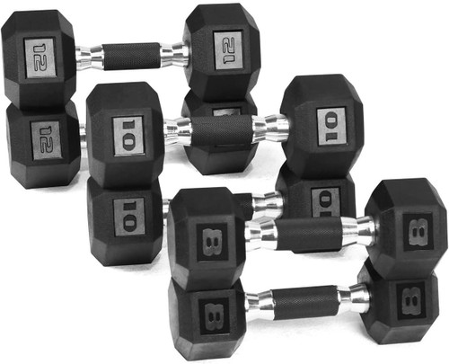 60LB (8, 10, 12LB Pair) Hex Dumbbell Set with Rubber Grip Handle, Dumbbells Only or W/ Rack 60LB (8, 10, 12LB Pair) Hex Dumbbell Set with Rubber Grip Handle, Dumbbells Only or W/ Rack