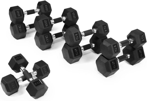 Rubber Encased 200LB(10, 15, 20, 25, 30LB Pair) Hex Dumbbells with Rubber Grip Contoured Handle
