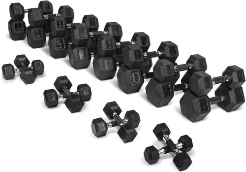 Rubber Encased 590LB(5, 8, 10, 12, 15-50LB Pair) Hex Dumbbells with Rubber Grip Contoured Handle