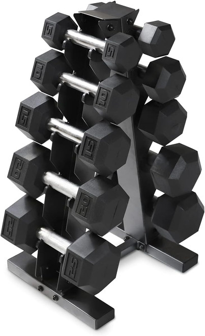 5-25LB Rubber Coated Hex Dumbbell Set with A-Frame Storage Rack, Multiple Options