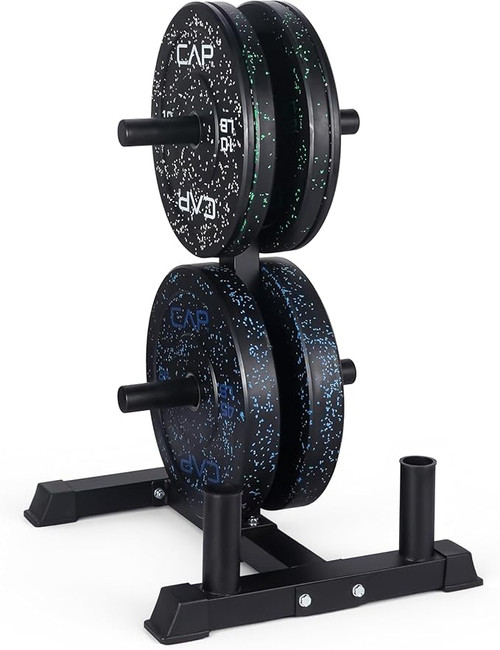 CAP Barbell 2-Inch Olympic Bumper Plate Weight Set with 4 Post Rack 160 lbs - Economy-Speckled