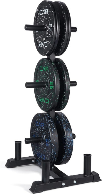 CAP Barbell 2-Inch Olympic Bumper Plate Weight Set with 6 Post Rack 190 lbs - Speckled Economy