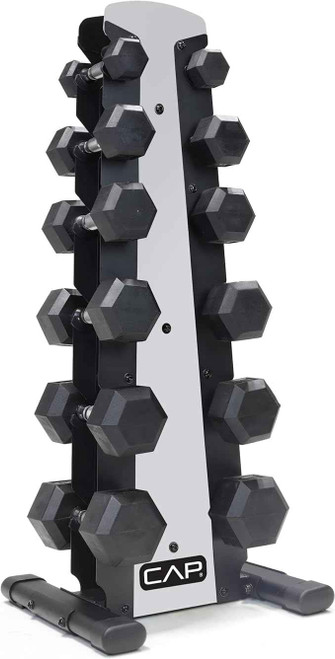 CAP Barbell Rubber Coated Dumbbell Weight Set with Vertical Rack - Sliver Rack - Chrome Handles - 210LB