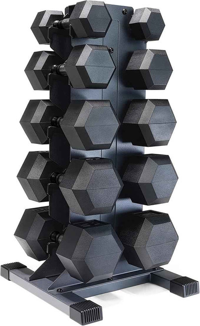 CAP Barbell Rubber Coated Hex Dumbbell Set with Vertical Rack | 300 lbs Free Weights Dumbbells Set for Home Gym | Multiple