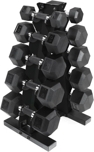 5-25lb Rubber Coated Hex Dumbbell Set with Storage Rack, Multiple Color Options