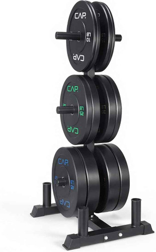 CAP Barbell 2-Inch Olympic Bumper Plate Weight Set with 6 Post Rack 370 ...