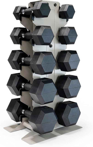 150 lbs Rubber Coated Hex Dumbbell Set with Vertical Rack