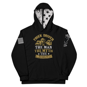 Blue Collar Series: American Truck Driver - The Man, The Myth, The Legend - Dye Sublimated Unisex Hoodie Blue Collar Series: American Truck Driver - The Man, The Myth, The Legend - Dye Sublimated Unisex Hoodie