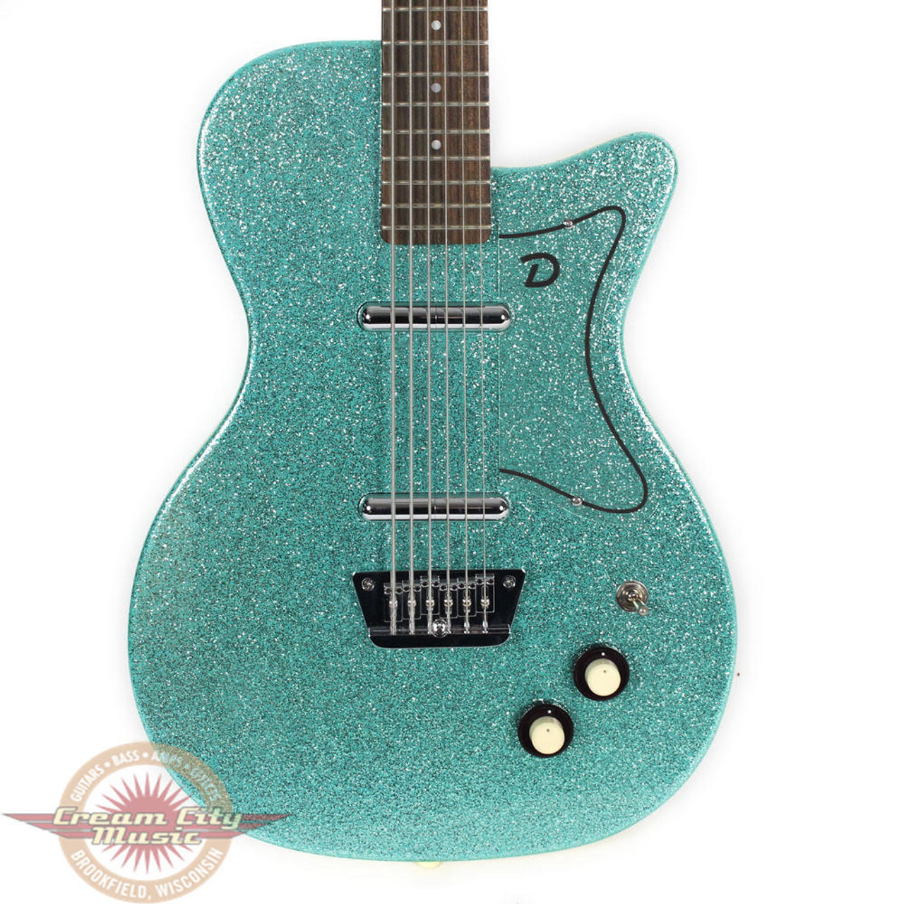 Used Danelectro Six String Electric Bass Guitar Green Sparkle