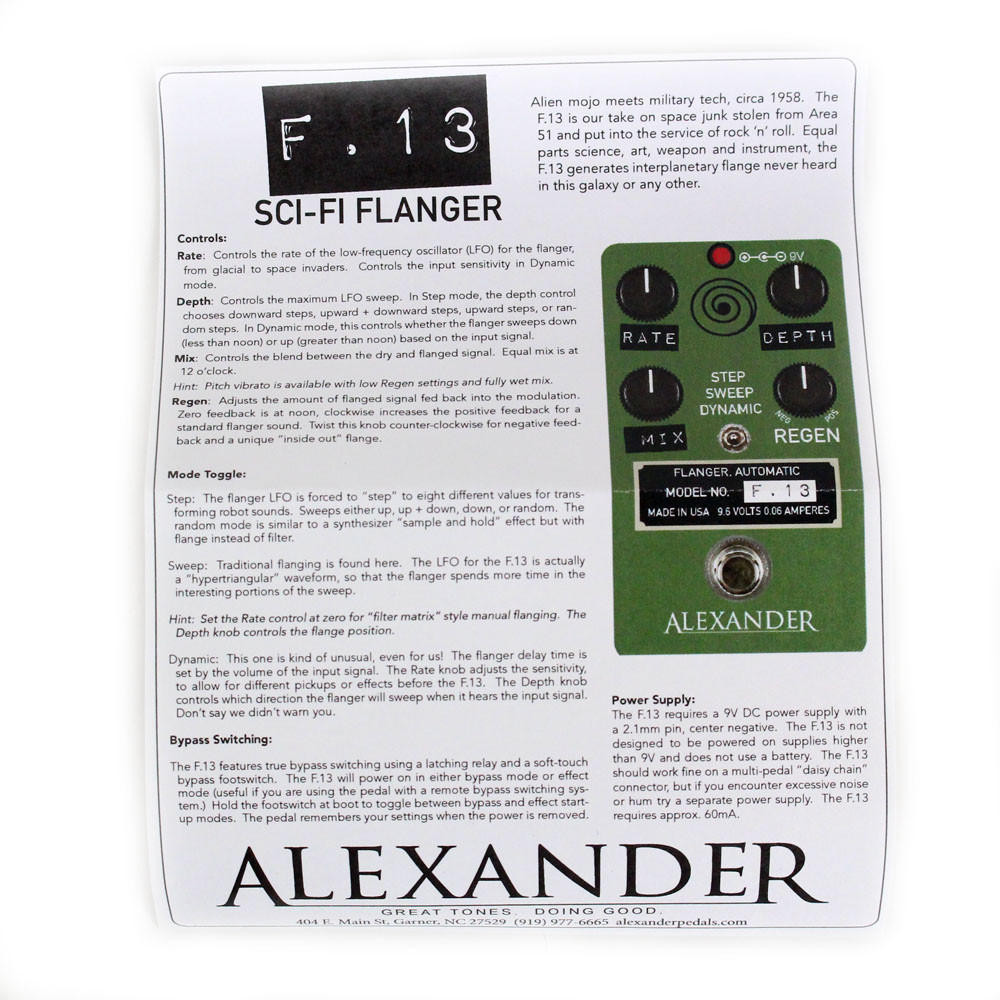 Alexander Pedals F-13 Flanger Guitar Pedal | Cream City Music