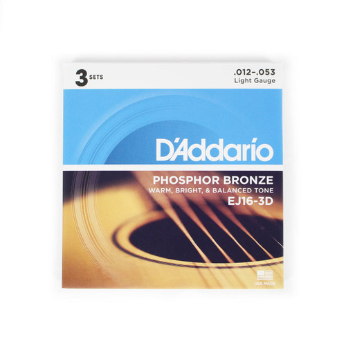 D'Addario EJ16-3D Phosphor Bronze Light Acoustic Guitar Strings Three-Pack .012-.053