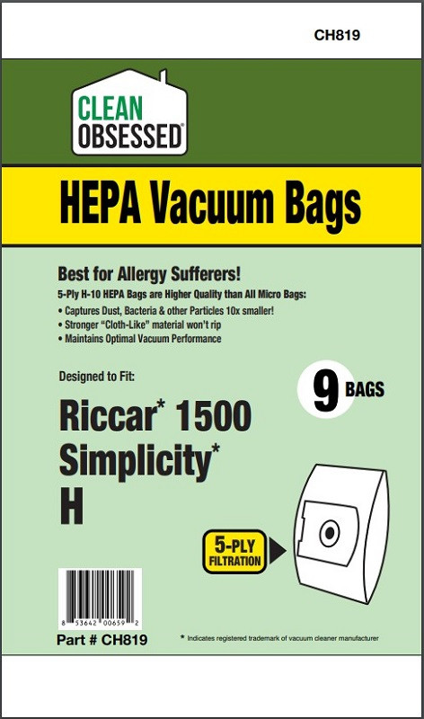 TYPE H RICCAR/SIMPLICITY HEPA FILTER BAGS, 9/PK