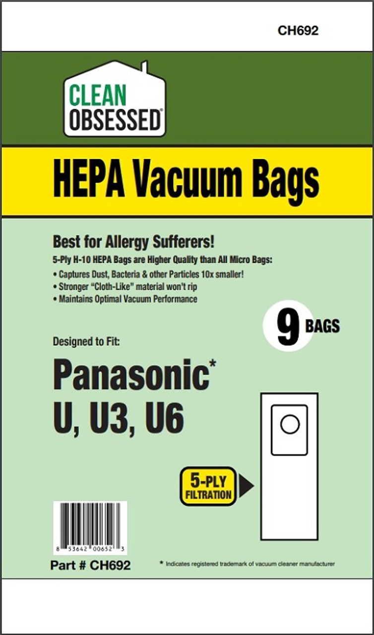 CH692 Panasonic Type U, U3, U6 cloth HEPA Filter Bags 9 pk