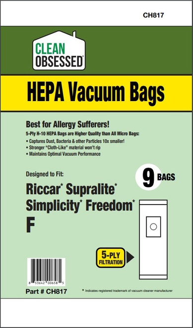 CH817 Type F Riccar Simplicity HEPA Cloth Filter Bags, 9/pk Riccar Supralite  Freedom