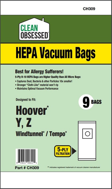 CH309  Hoover Y HEPA cloth Bags, 9/pk (WindTunnel   Tempo)