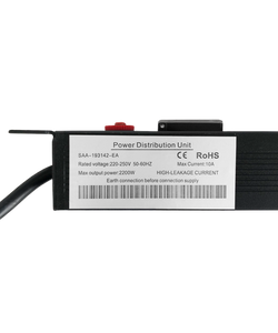 Close-up view of the technical specifications label on a power distribution unit.
