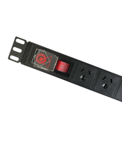 Close-up view of a PDU showing the power button and surrounding mounting holes
