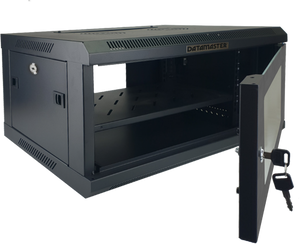 The 4RU wall mount network cabinet with its door open, showing the internal 19-inch mounting rails.