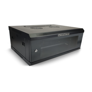 Front view of the 4RU wall mount network cabinet with its tinted perspex door closed.