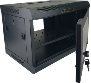 600mm deep 6RU wall mount cabinet shown with the front door open. (68 characters)