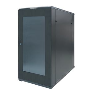 Front view of the 18RU swing frame cabinet highlighting top and bottom cable entry.