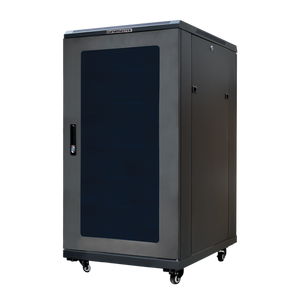 Angled front view of the 22RU freestanding server cabinet with doors closed.