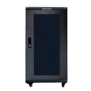 Front-on view of the 22RU freestanding server cabinet's perspex door.