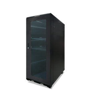 Side view of the 32RU 600mm deep floor cabinet with front door visible.