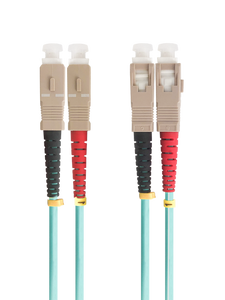Top-down view of the 5m aqua OM3 duplex fibre patch lead with SC connectors.