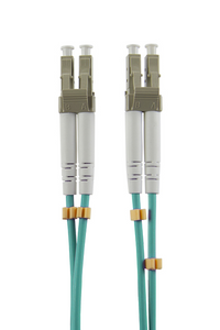 Top-down view of the LC connector ends of a 1m OM4 duplex fibre patch cord.