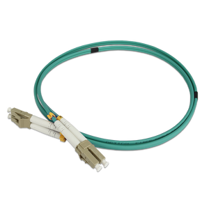 Coiled 1 metre LC to LC OM4 multimode fibre patch lead with an aqua LSZH jacket.