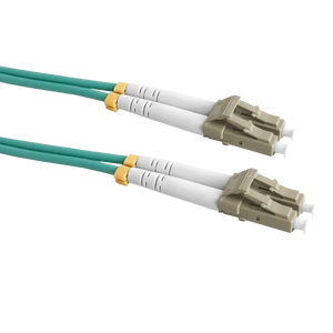 Close-up of Duplex LC connectors on a 5m OM4 aqua LSZH fibre optic patch cable.