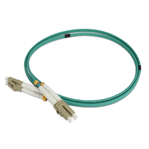 Coiled 5 metre LC to LC OM4 multimode fibre patch lead with an aqua LSZH jacket.