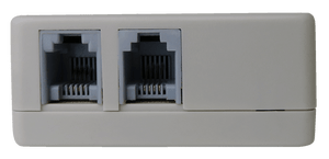 A close-up front view of the ADSL splitter's two output sockets.