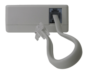 Front view of the ADSL splitter with a telephone line cable connected.