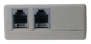 A close-up front view of the modem and phone line connection ports.

