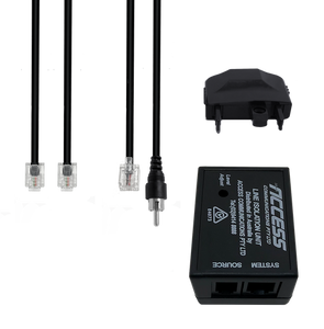 The complete Line Isolation Unit kit, showing the central box, the 3.5mm mono input cord, and the 606 telephone system output cord.
