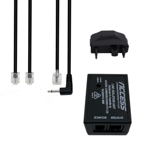 The complete Line Isolation Unit kit, showing the central box, the 3.5mm stereo input cord, and the 606 telephone system output cord.