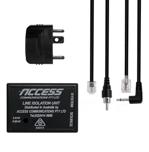 The complete Line Isolation Unit kit, showing the central box, the dual 3.5mm input cord, and the 606 telephone system output cord.