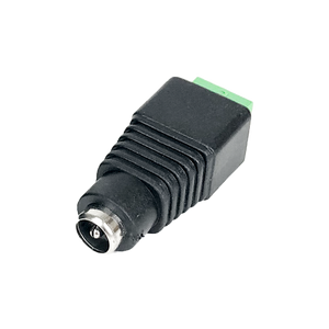 Side angled front view of the 2.1mm female DC socket, showing the screw terminal block.