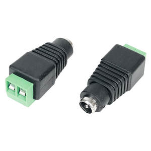 A view of two female DC sockets, one showing the front barrel and the other showing the rear cable entry.