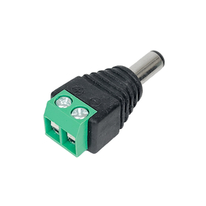 A side angled view of the 2.1mm male DC plug, showing the rear cable entry point.